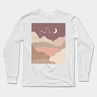 Boho Neutral Pastel Landscape Moon Stars Design Long Sleeve T-Shirt